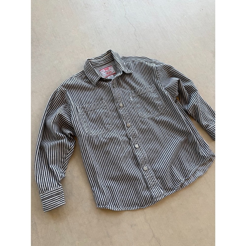 Levis Boys Medium 12-14 Striped Button Up Shirt Railroad Stripe Long Sleeve